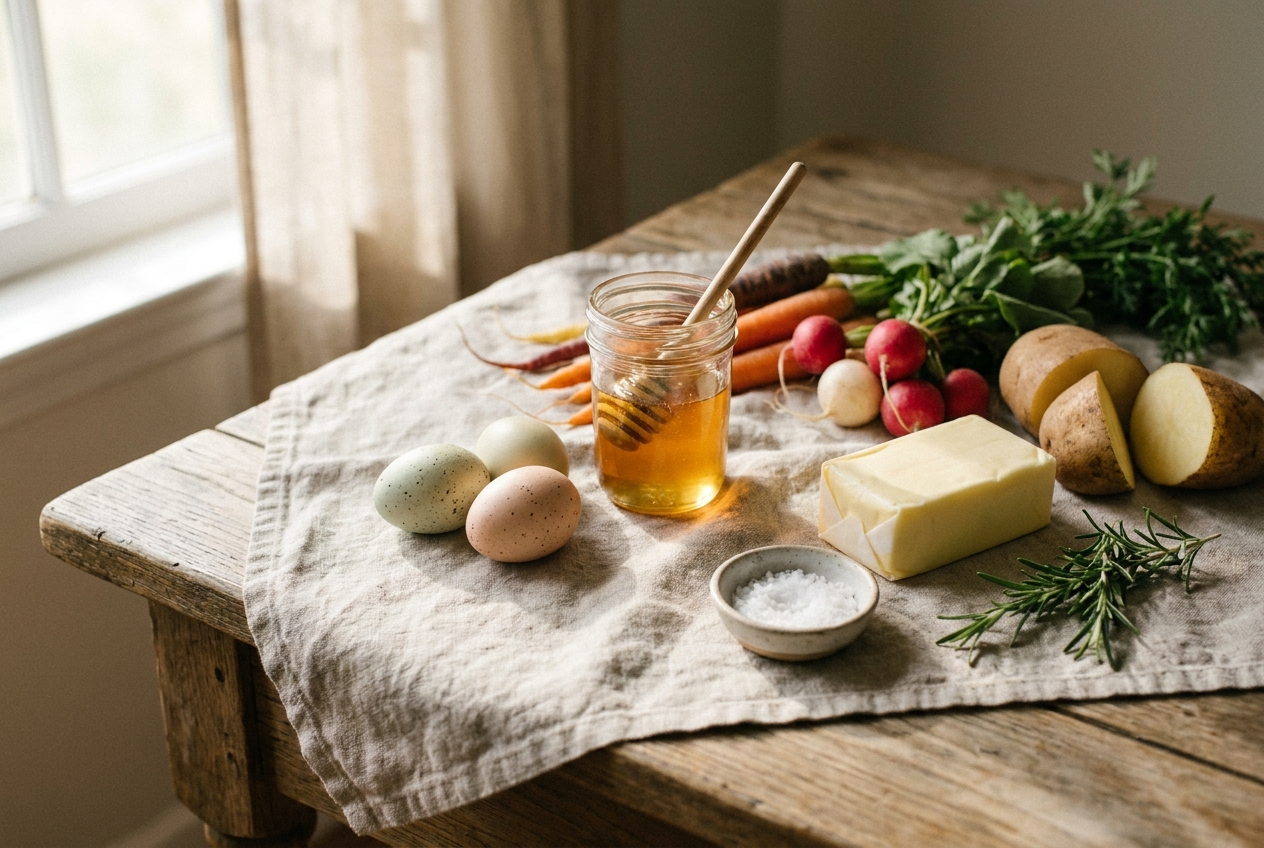 Whole, real foods on a kitchen table